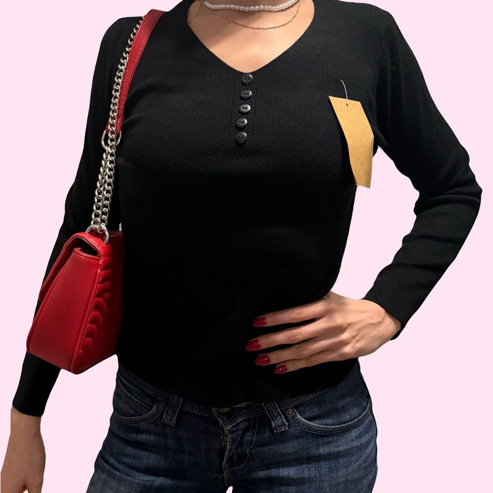 Black V-Neck Buttoned Women's Top